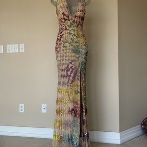 Sherri Hill evening gown, dress in nude/multi color with beads and sequins.